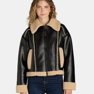 Time and Tru Womens XS Bonded Faux leather Shearling black Bomber jacket X small
